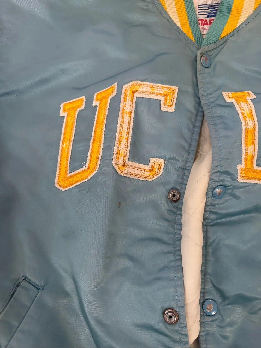 RARE STARTER UCLA Bruins SATIN BLUE Bomber Jacket Sz XL Insulated Snap Front VTG